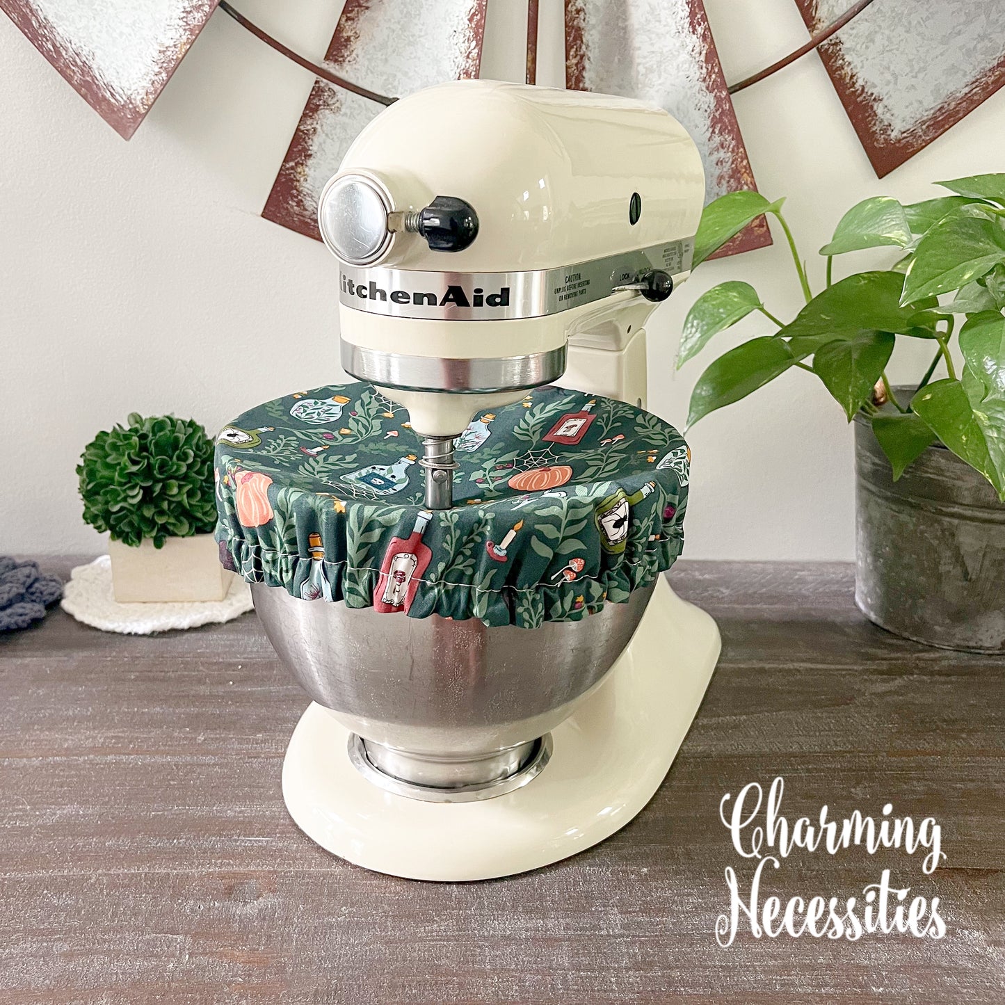 Reusable Fabric Bowl Covers – Cotton Covers for KitchenAid Mixers & Bread Baking, Halloween Apothecary Green