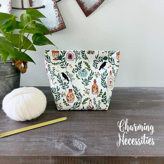 Small Snap Project Bag, Halloween Apothecary Ivory, Crochet Sewing Pouch, Gifts for Knitters Crocheters