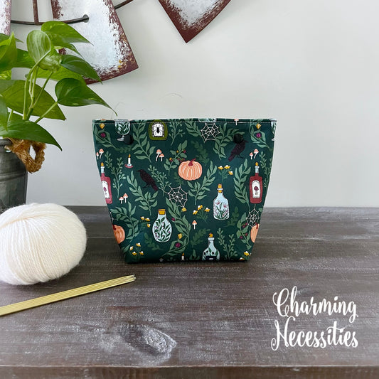 Small Snap Project Bag, Halloween Apothecary Green, Crochet Sewing Pouch, Gifts for Knitters Crocheters