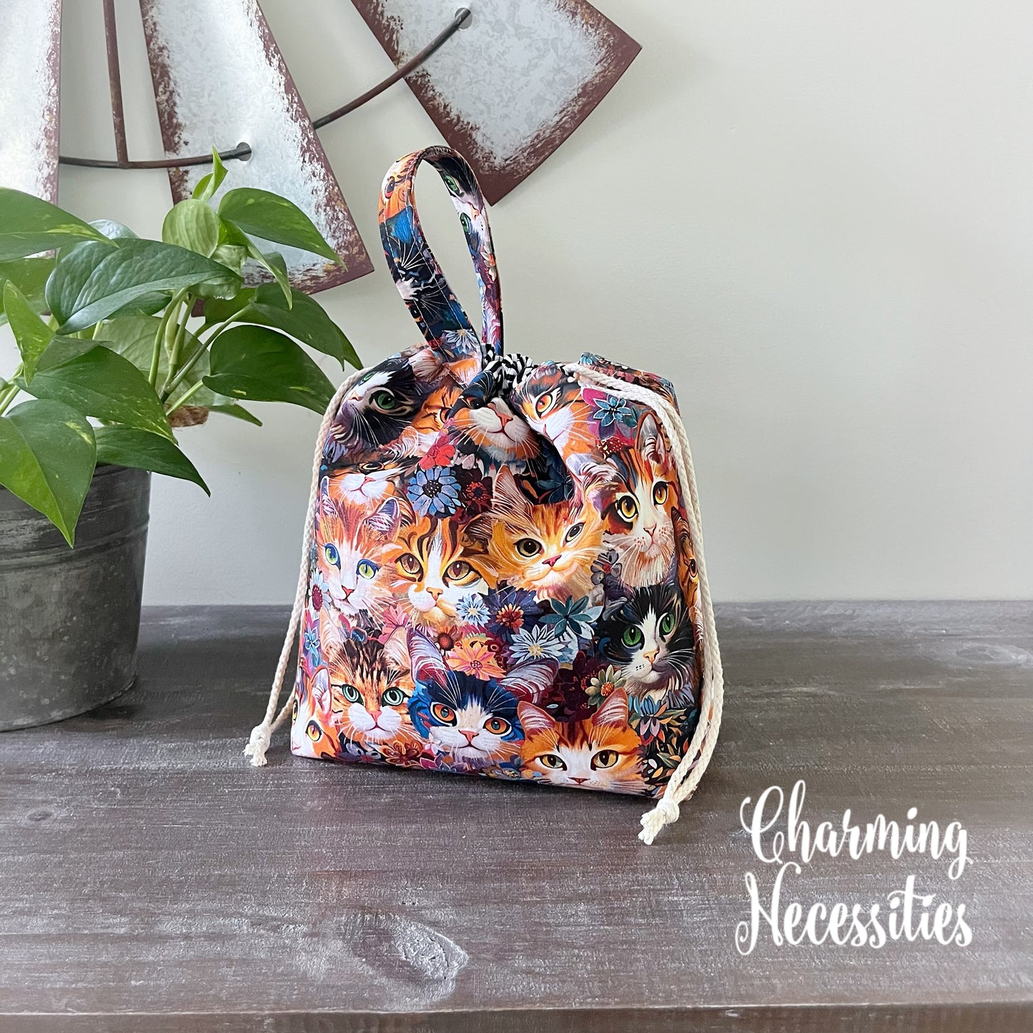 Knitting Project Bag, Calico Cats, Drawstring Tote
