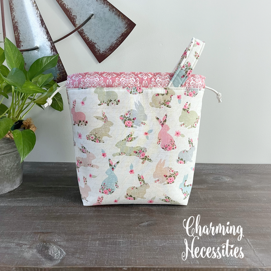 Knitting Project Bag, Easter Floral Bunnies Drawstring Tote, Crochet Sewing Makeup Pouch Project Bag, Gifts for Knitters Crocheters