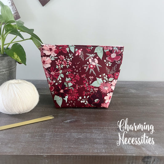 Small Snap Project Bag, Ruby Blossoms Floral, Crochet Sewing Pouch, Gifts for Knitters Crocheters