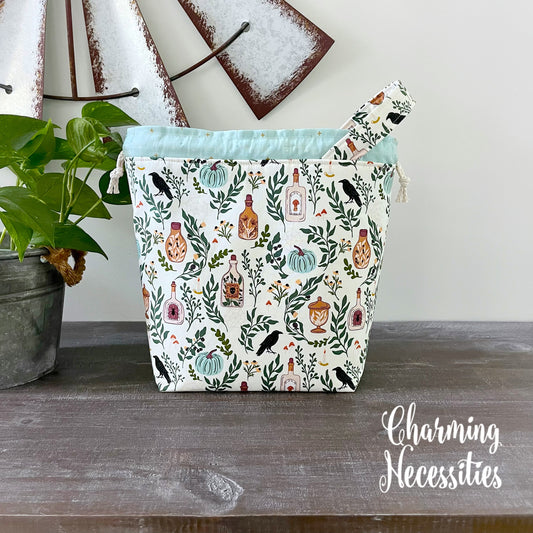 Knitting Project Bag, Halloween Apothecary Ivory, Drawstring Tote