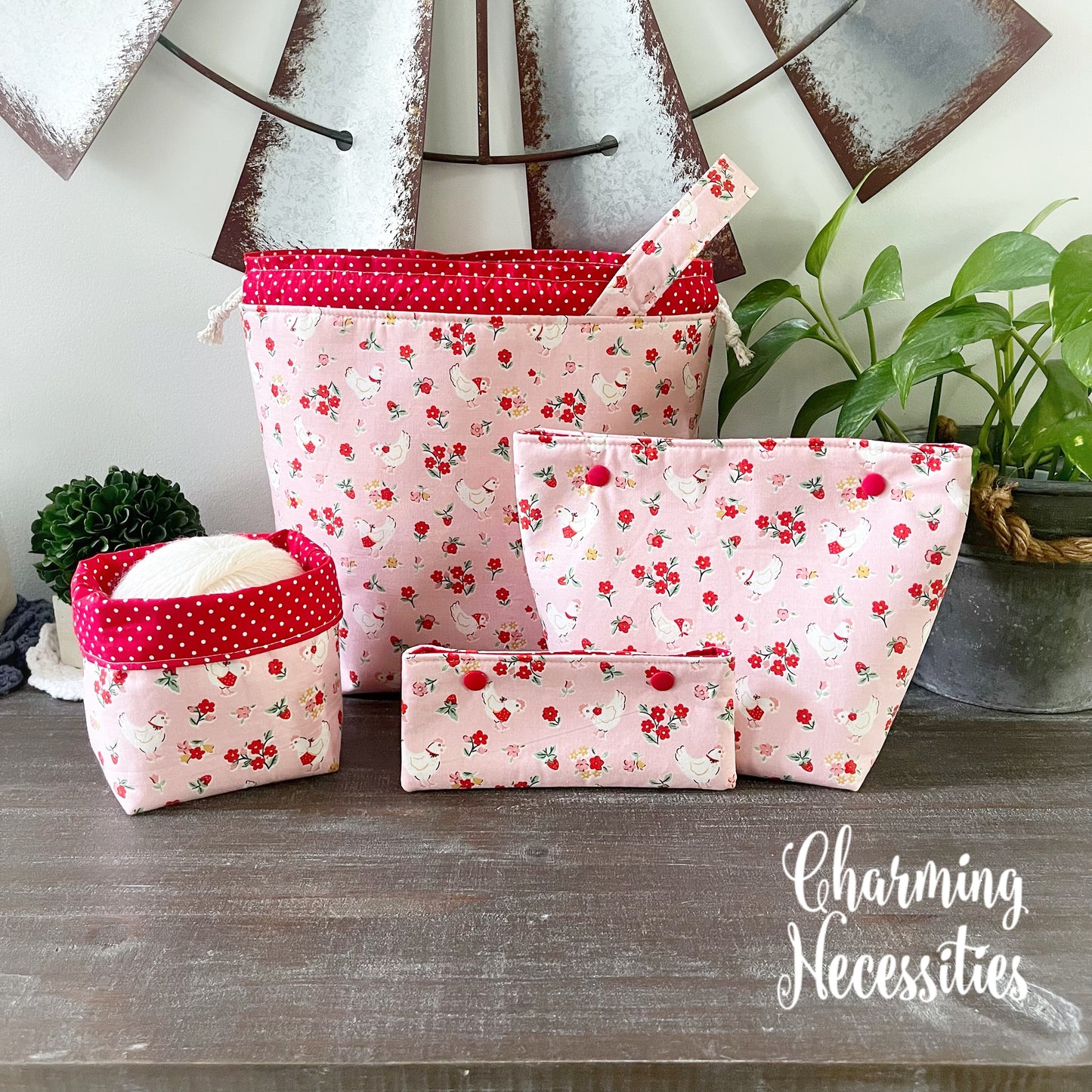 Knitting Project Bag Set, Vintage Chickens