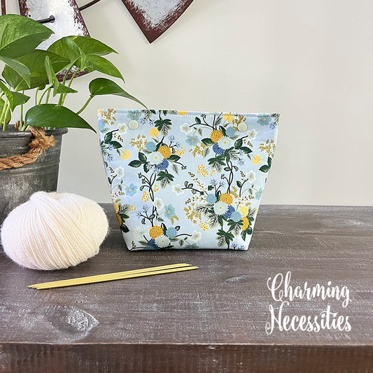 Small Snap Project Bag, Rifle Paper Co Dahlia Blue Crochet Sewing Pouch, Gifts for Knitters Crocheters