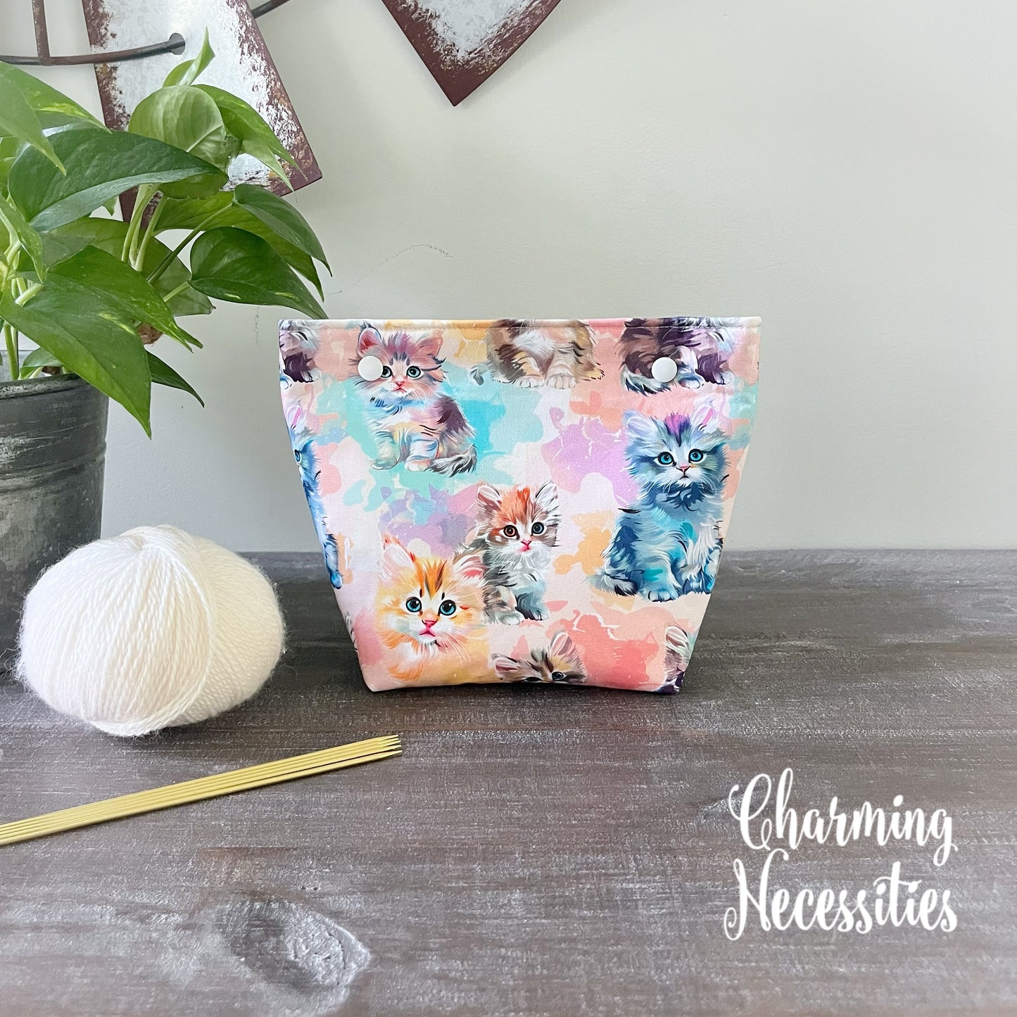 Small Snap Project Bag, Pastel Kittens, Crochet Sewing Pouch