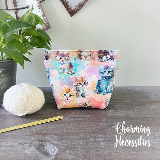 Small Snap Project Bag, Pastel Kittens, Crochet Sewing Pouch