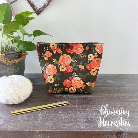 Small Snap Project Bag, Fall Watercolor Floral Crochet Sewing Pouch, Gifts for Knitters Crocheters