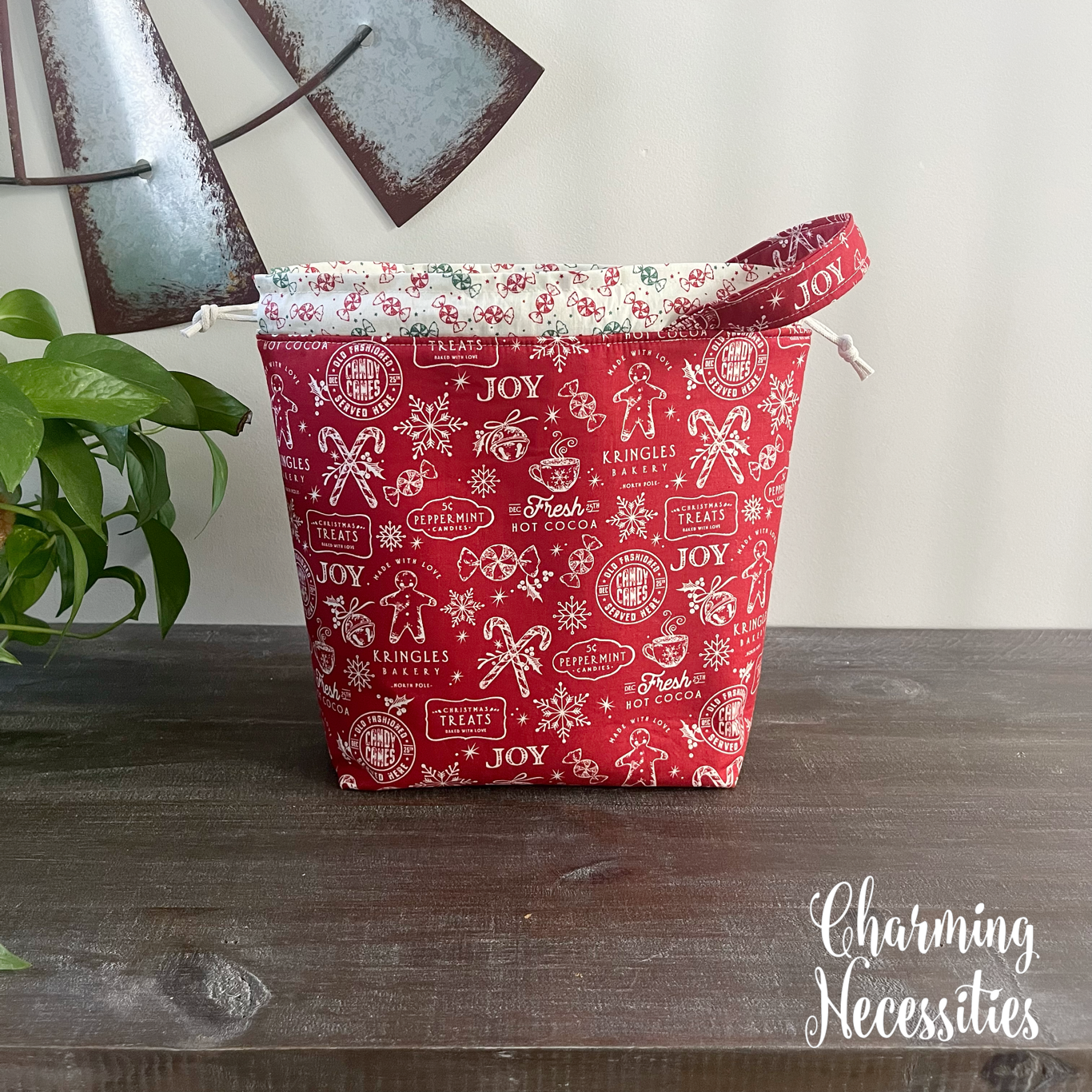 Knitting Project Bag, Christmas Bakery Drawstring Tote