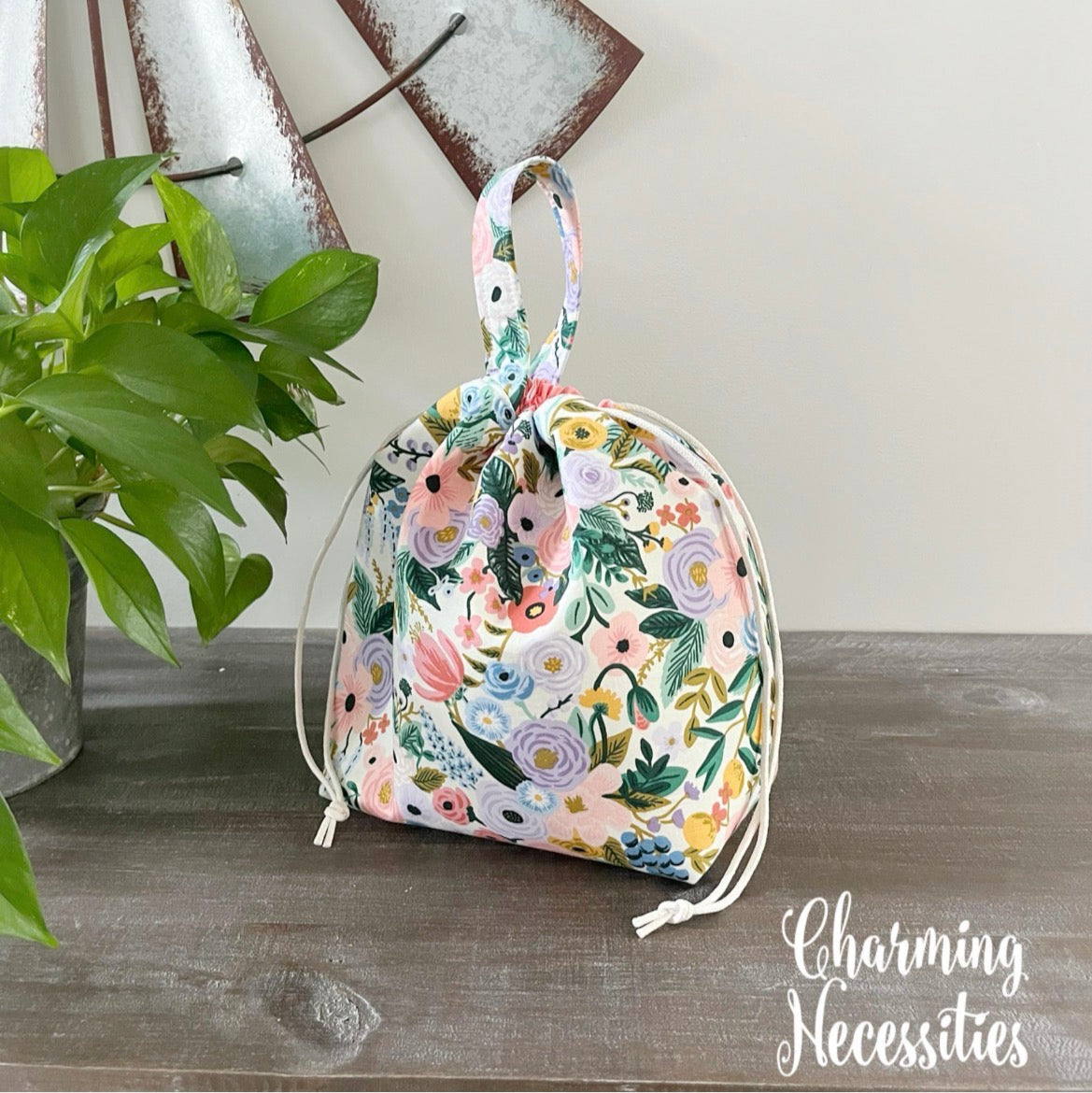 Knitting Project Bag, Rifle Paper Co Orchard Ivory, Drawstring Tote