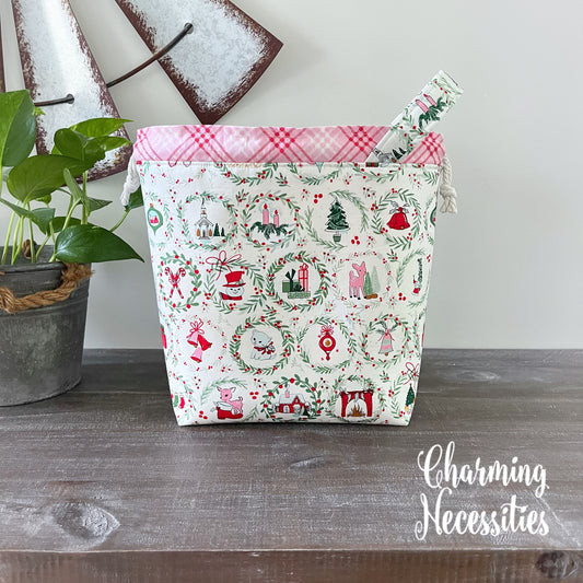 Knitting Project Bag, Retro Christmas Drawstring Tote