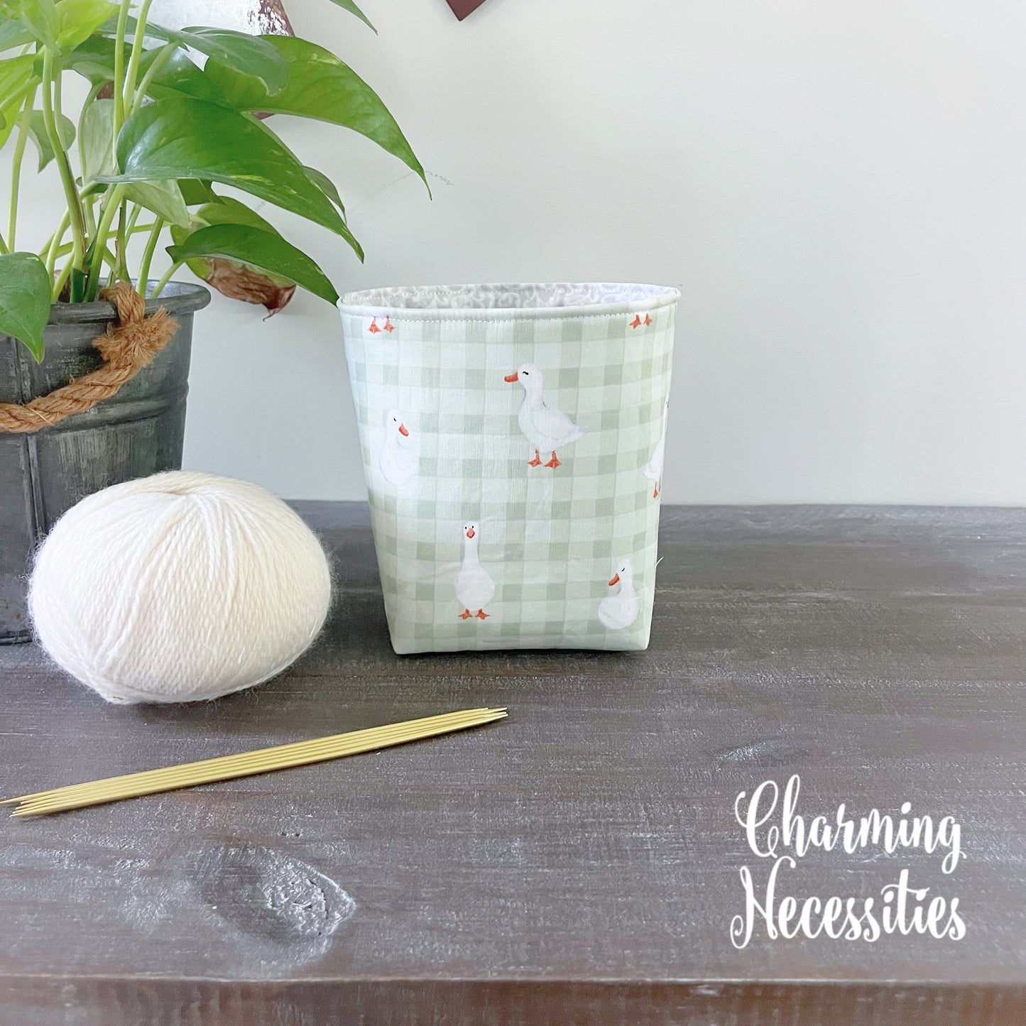 Yarn Bowl Cozy Basket, Ducks and Gingham, Knitting Accessories Yarn Storage Organization