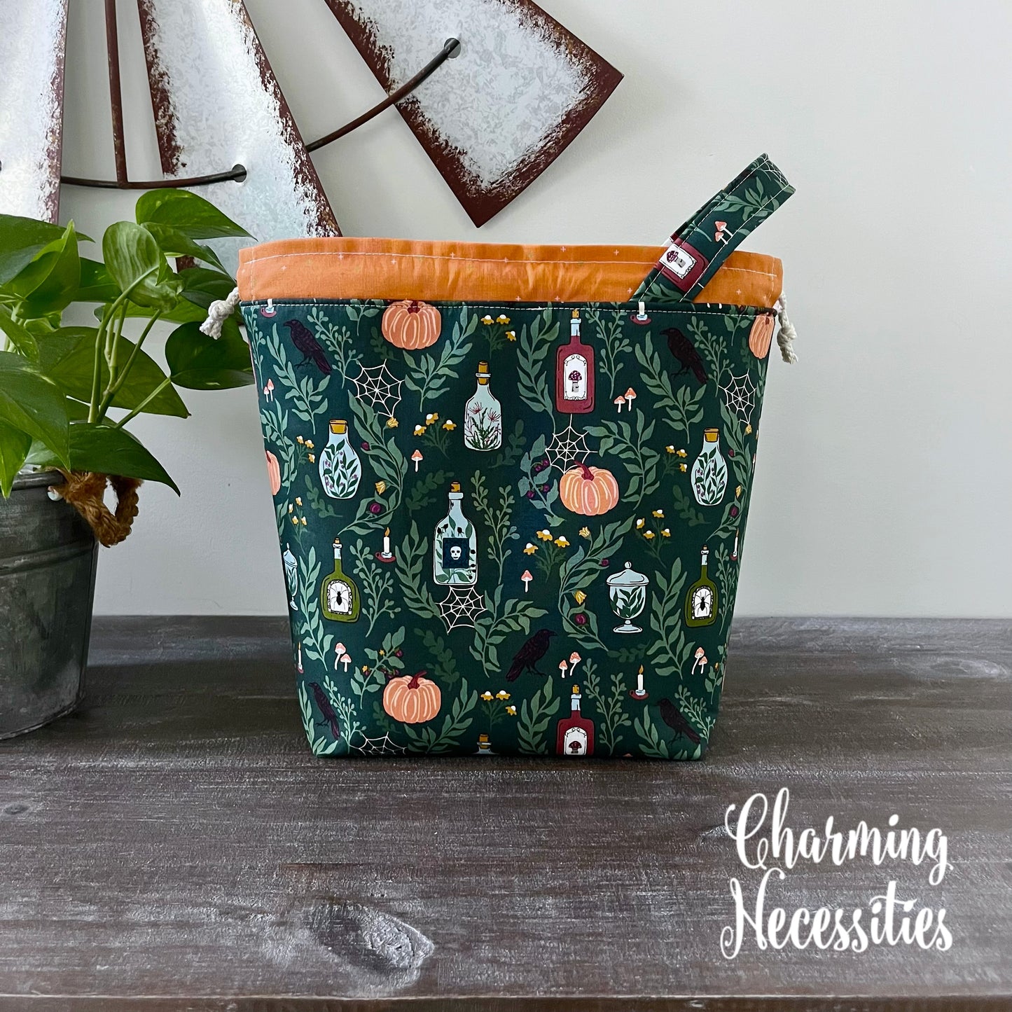 Knitting Project Bag, Halloween Apothecary Green, Drawstring Tote