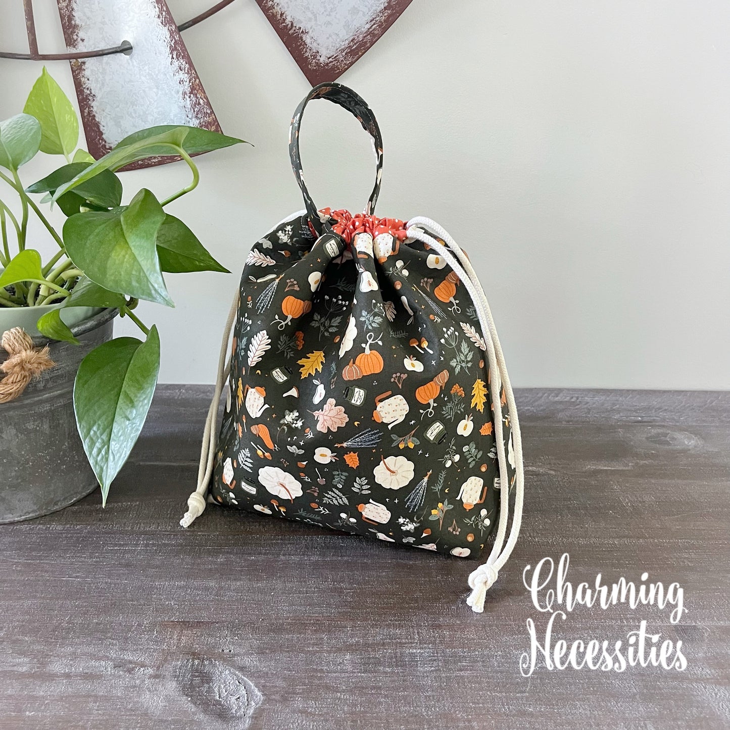 Knitting Project Bag, Fall Favorites on Dark Green Drawstring Tote Bag