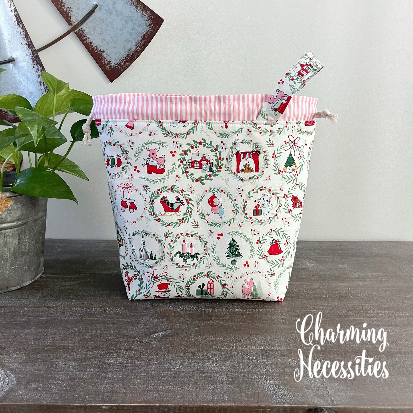 Knitting Project Bag, Retro Christmas Drawstring Tote
