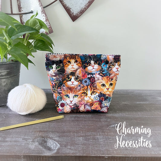 Small Snap Project Bag, Calico Cats, Crochet Sewing Pouch