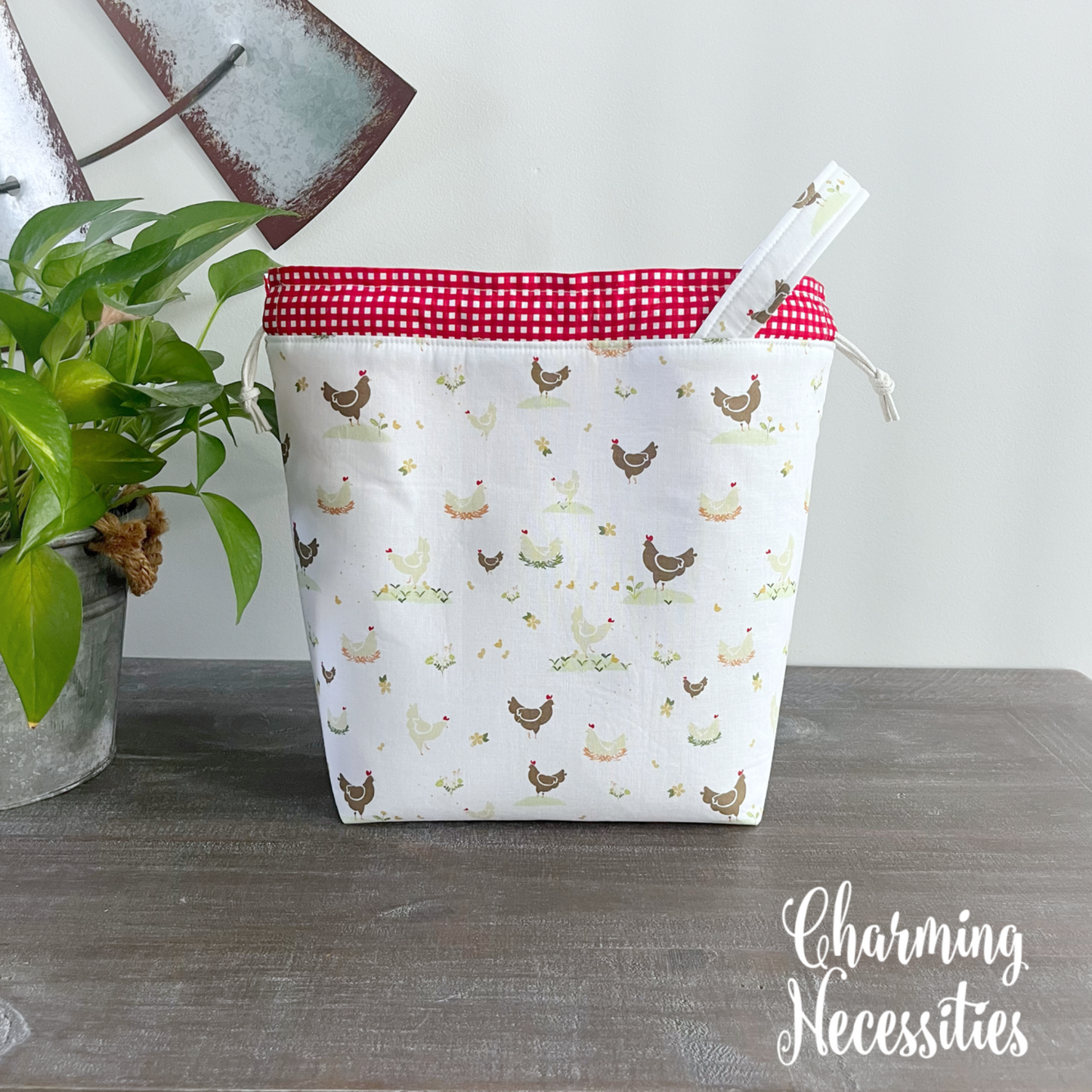 Knitting Project Bag, Chickens on White Drawstring Tote