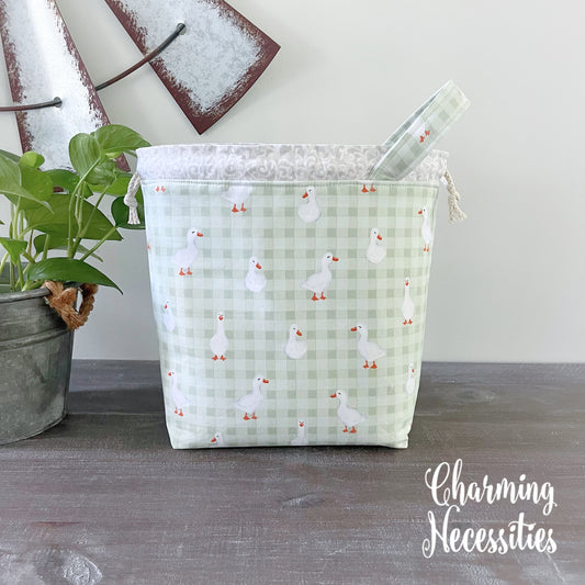 Knitting Project Bag, Ducks and Gingham, Drawstring Tote