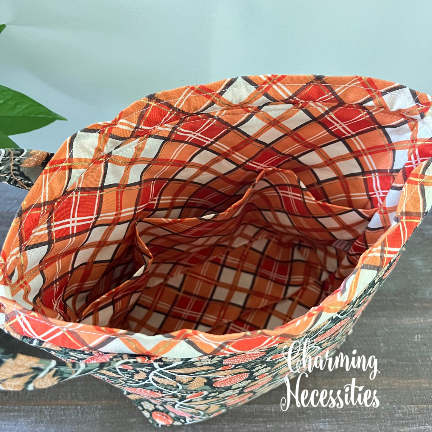 Knitting Project Bag, Autumn Floral Dark Green Drawstring Tote