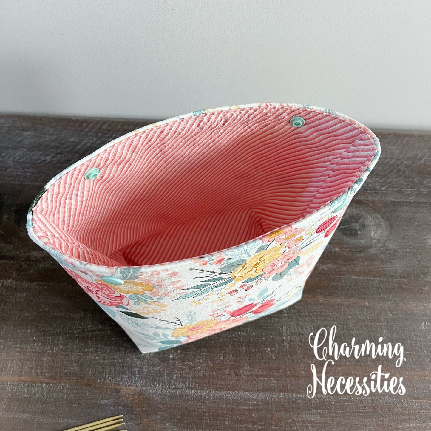 Small Snap Project Bag, Pastel Floral on Ivory Crochet Sewing Pouch, Gifts for Knitters Crocheters