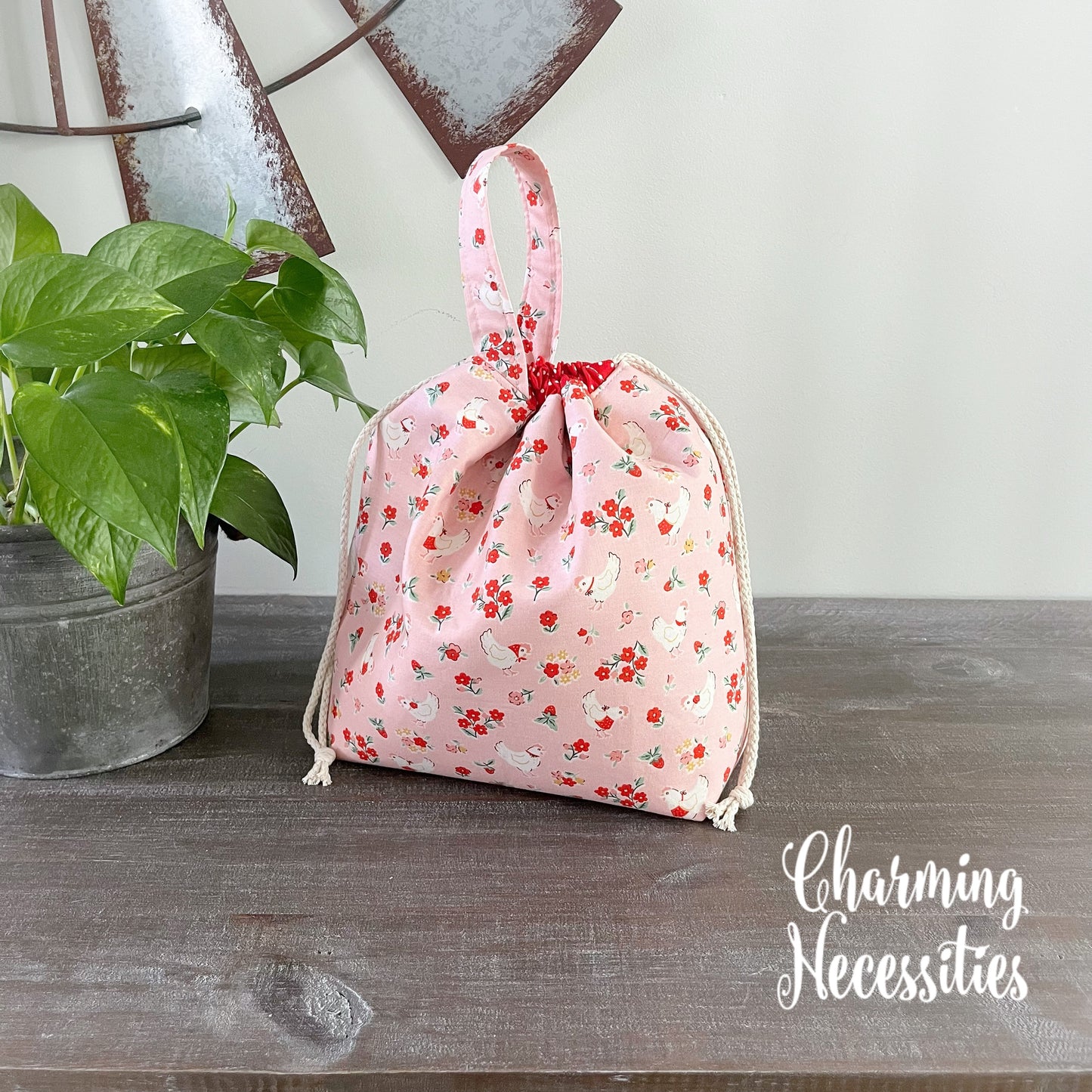 Knitting Project Bag, Vintage Chickens, Drawstring Tote