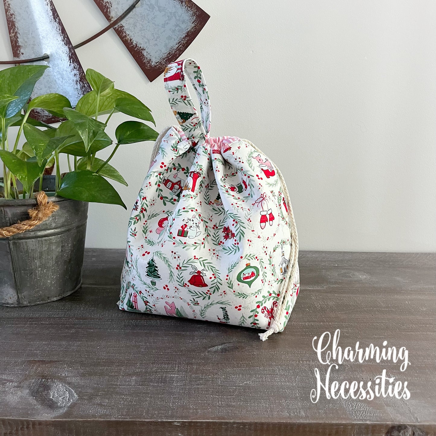 Knitting Project Bag, Retro Christmas Drawstring Tote