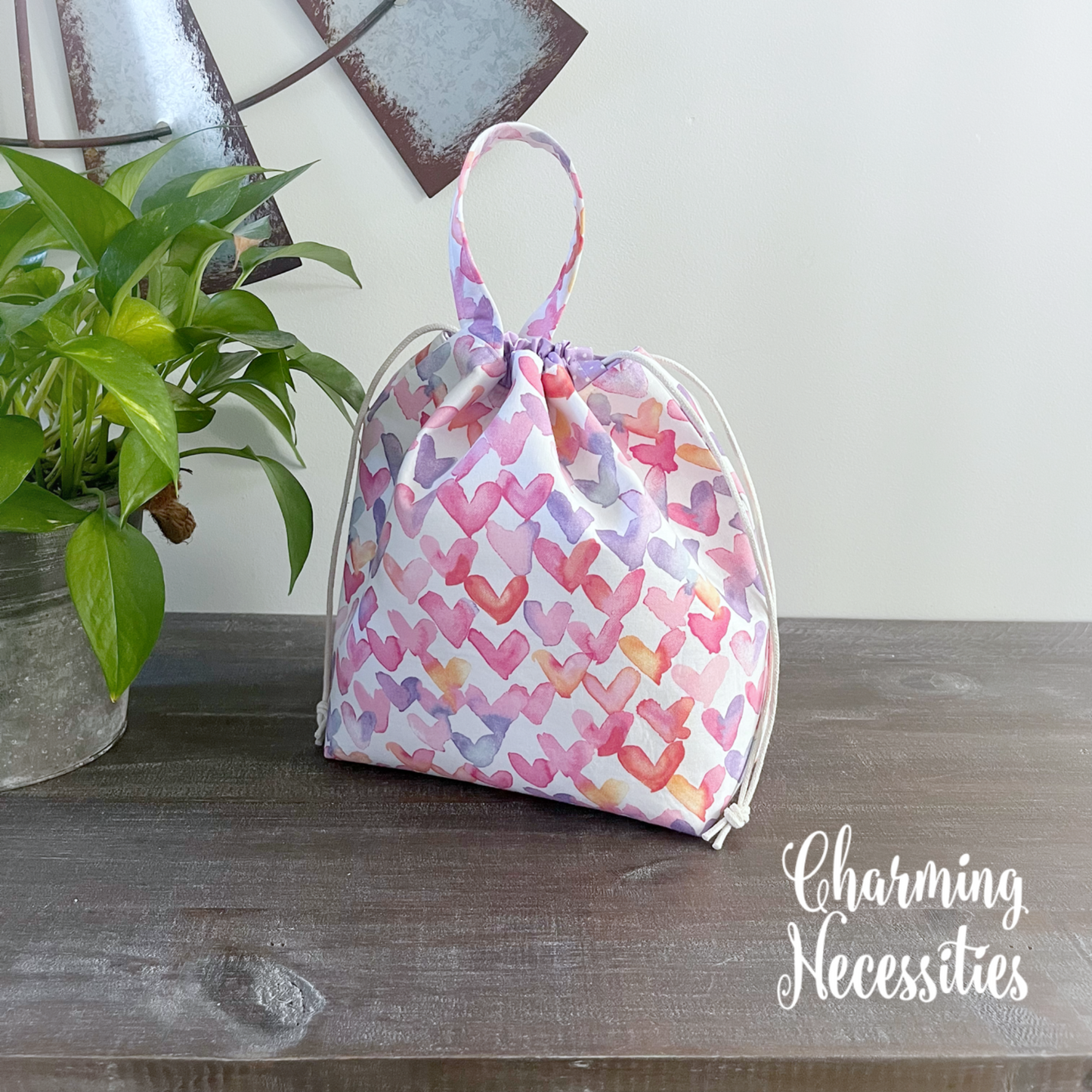 Knitting Project Bag, Watercolor Hearts Valentines Day Drawstring Tote