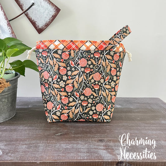 Knitting Project Bag, Autumn Floral Dark Green Drawstring Tote