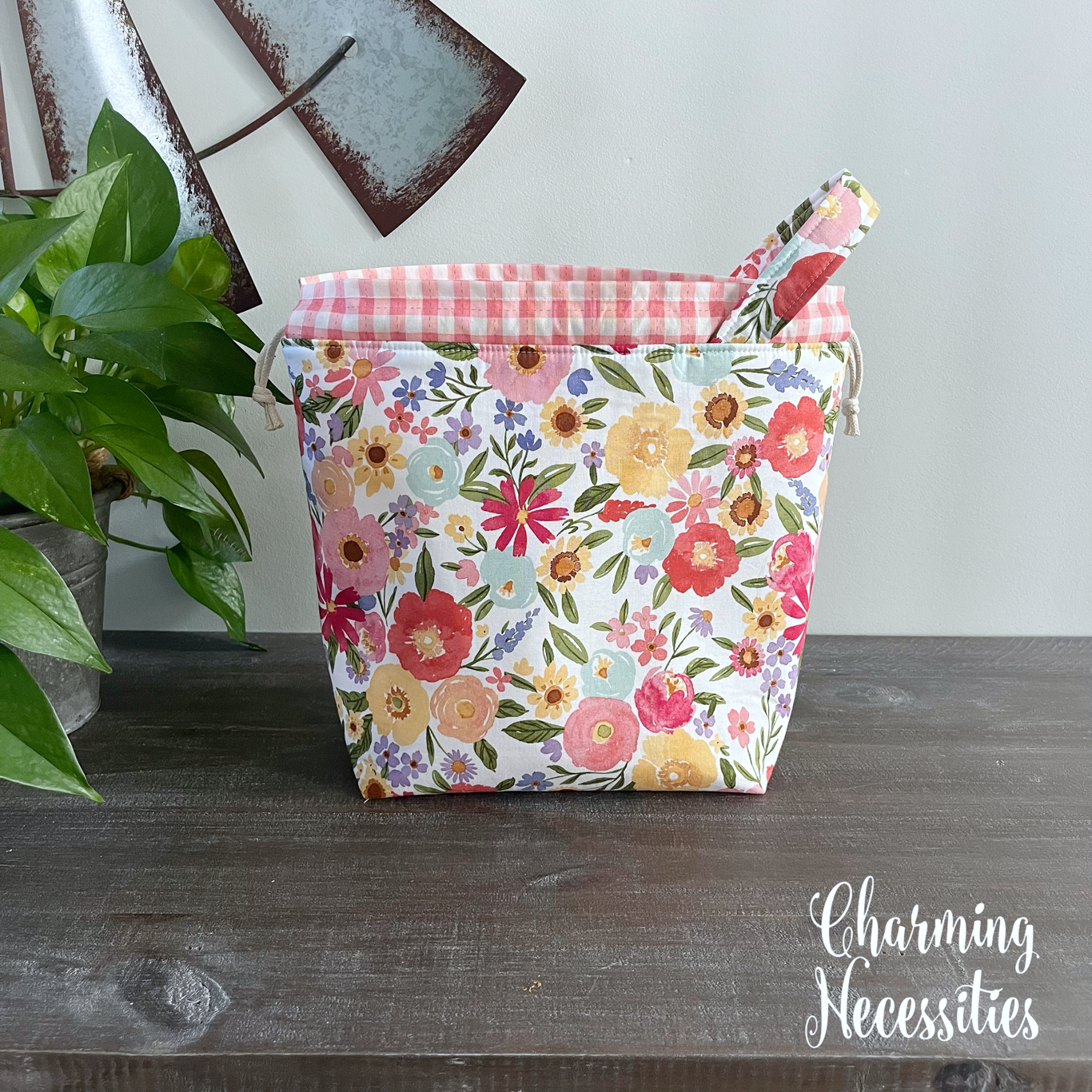 Knitting Project Bag, Summer Wildflower Floral Pink Drawstring Tote