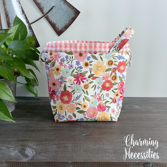 Knitting Project Bag, Summer Wildflower Floral Pink Drawstring Tote