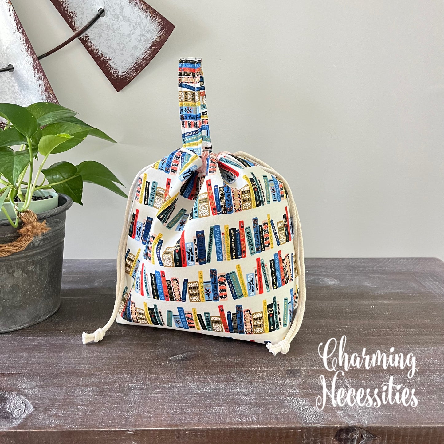 Knitting Project Bag, Rifle Paper Co Book Club on Ivory Drawstring Tote