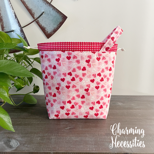 Knitting Project Bag, Conversation Hearts Valentines Day Drawstring Tote