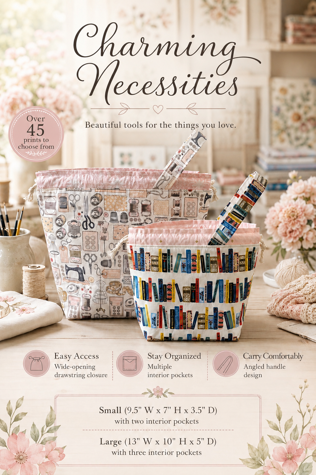 Knitting Project Bag, Blueberry Blossoms, Drawstring Tote