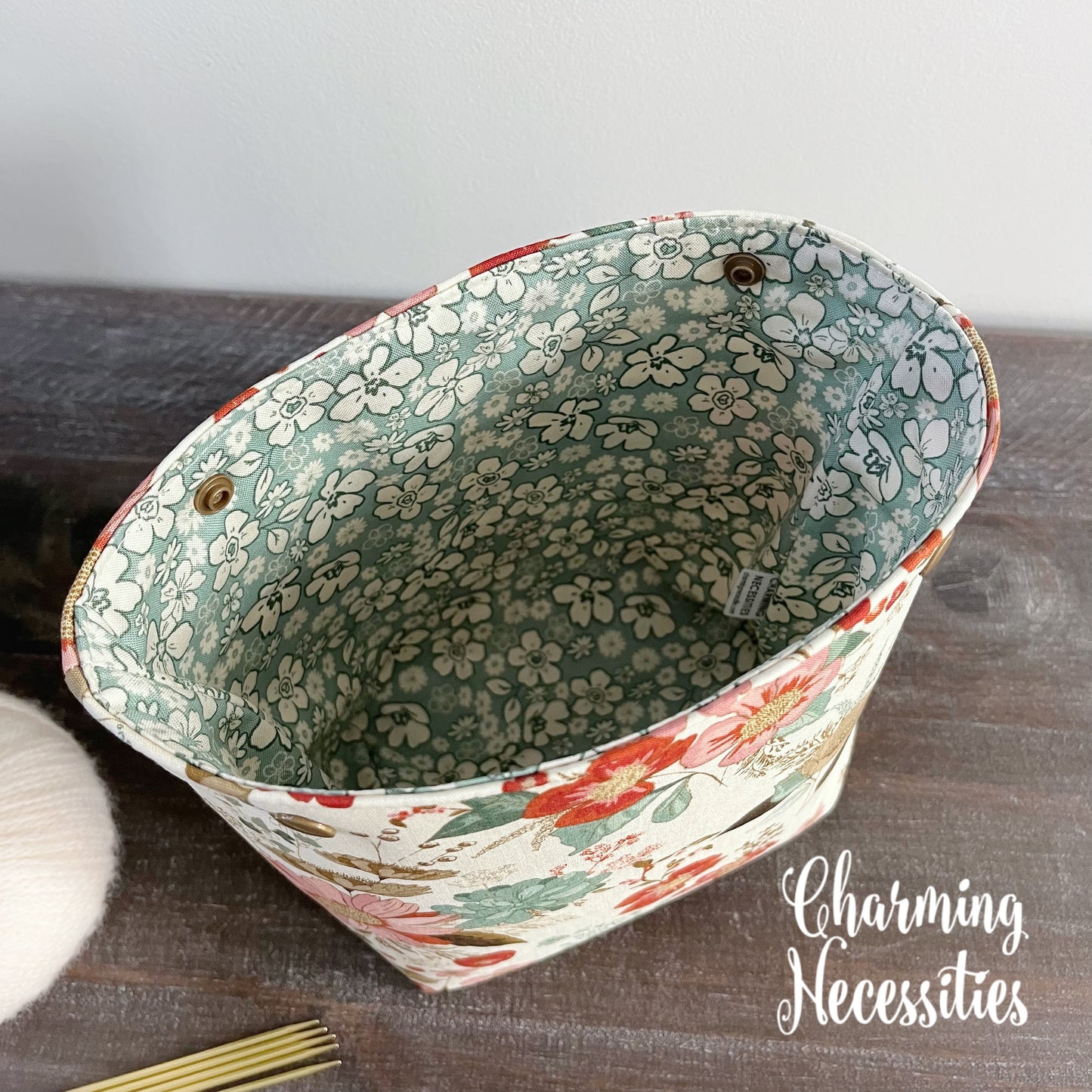 Small Snap Project Bag, Wildflower Meadow Ivory, Crochet Sewing Pouch, Gifts for Knitters Crocheters