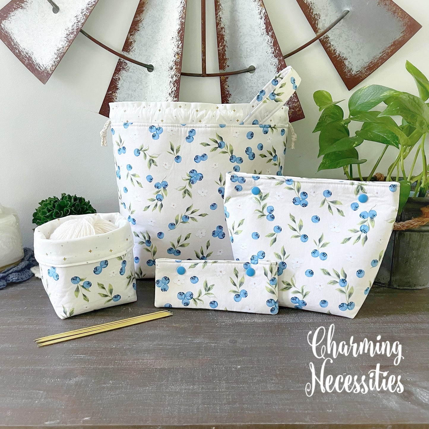 Knitting Project Bag Set, Blueberry Blossoms