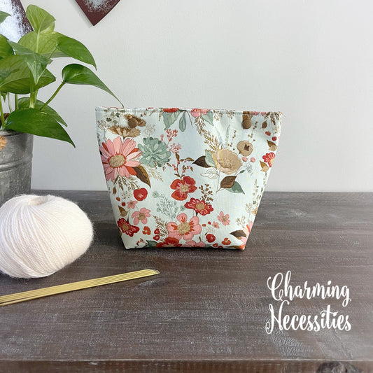 Small Snap Project Bag, Wildflower Meadow Blue, Crochet Sewing Pouch, Gifts for Knitters Crocheters