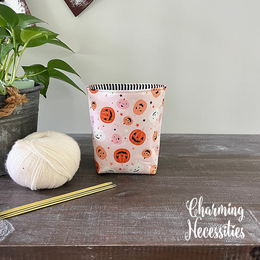 Yarn Bowl Cozy Basket, Jack o Lanterns on Pink Knitting Accessories Yarn Storage Organization