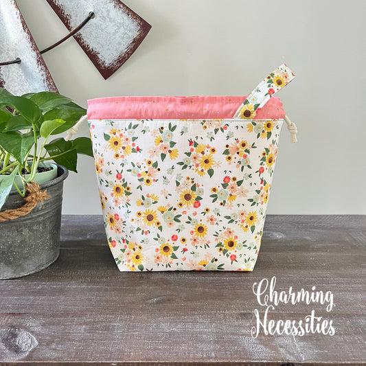 Knitting Project Bag, Spring Sunflowers Floral Drawstring Tote