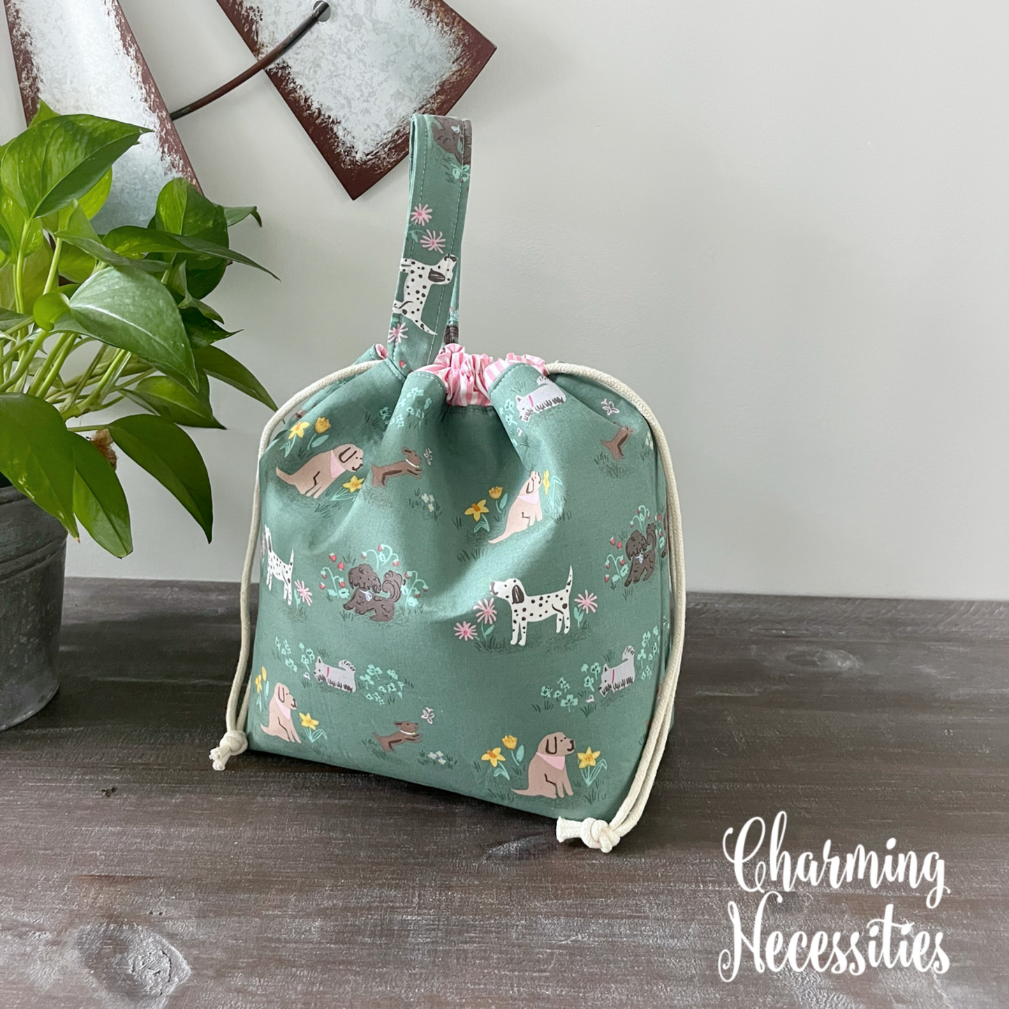 Knitting Project Bag, Dogs on Green Drawstring Tote