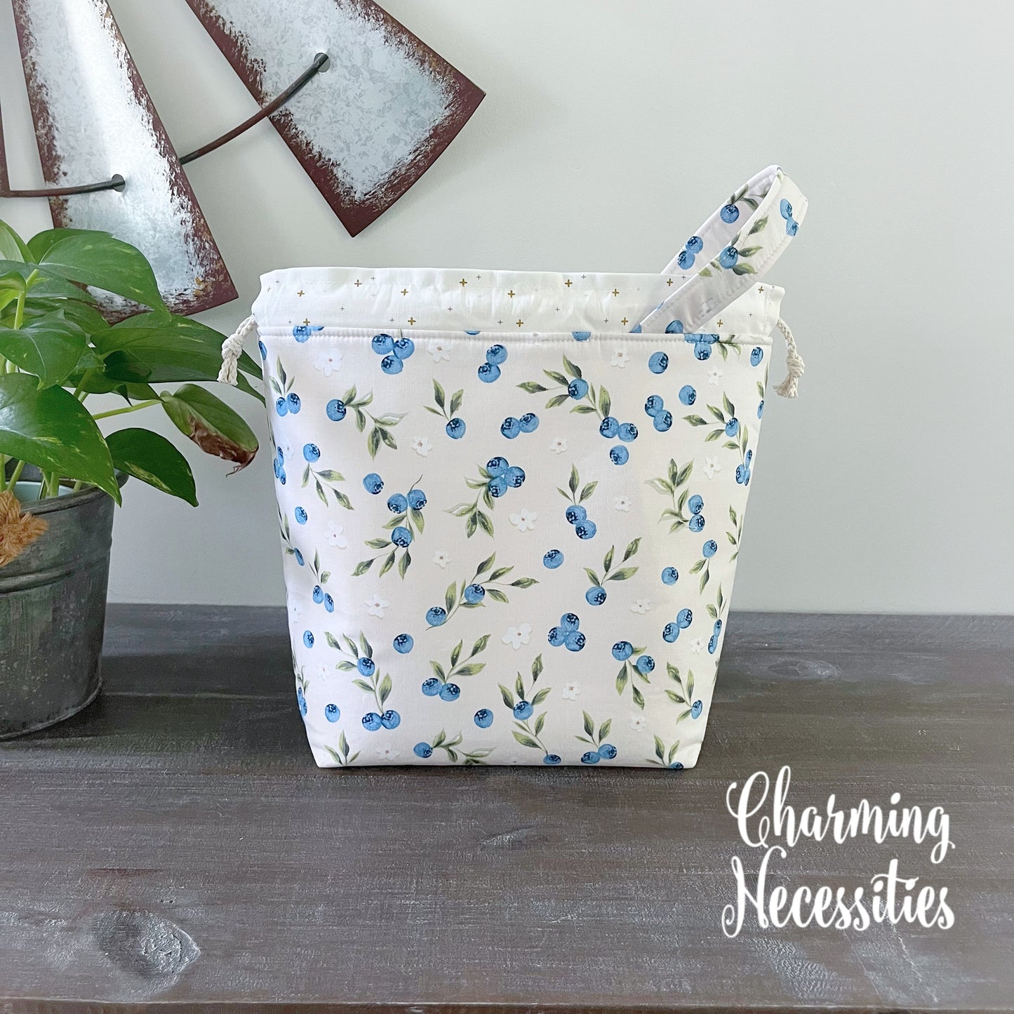 Knitting Project Bag, Blueberry Blossoms, Drawstring Tote
