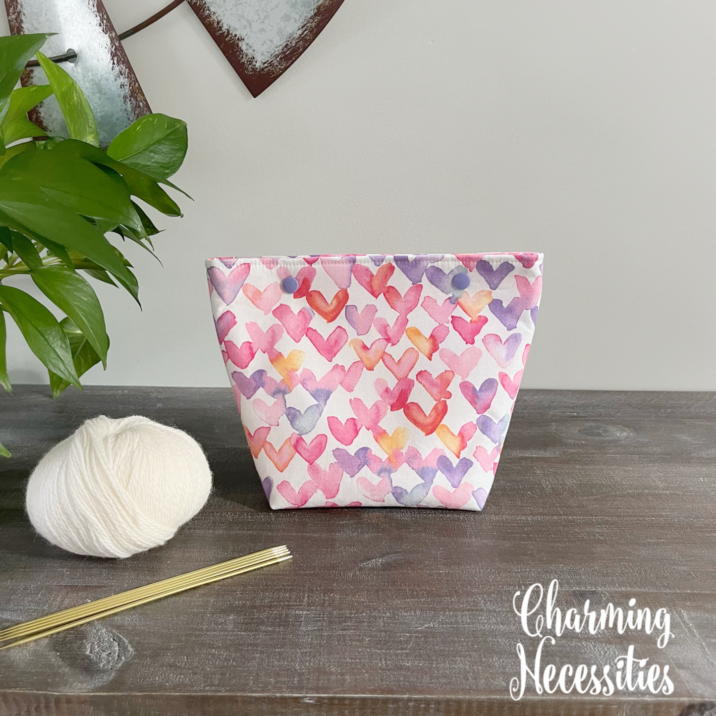 Small Snap Project Bag, Watercolor Hearts, Crochet Sewing Pouch, Gifts for Knitters Crocheters