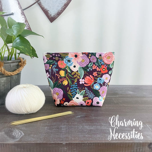 Small Snap Project Bag, Rifle Paper Co Orchard Burgandy, Crochet Sewing Pouch, Gifts for Knitters Crocheters
