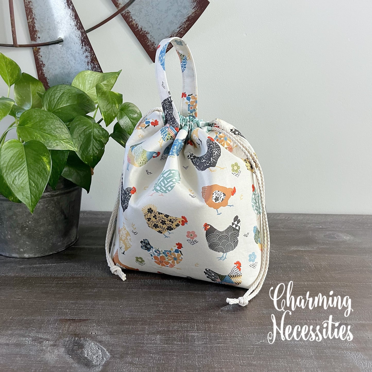 Knitting Project Bag, Floral Chickens, Drawstring Tote