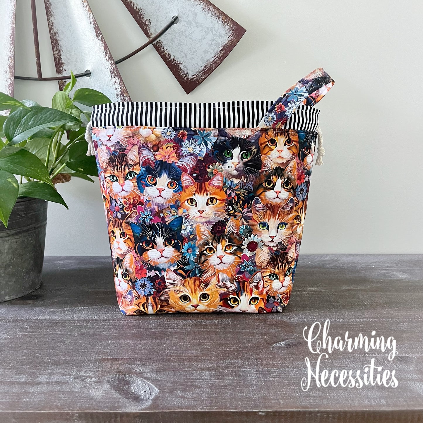 Knitting Project Bag, Calico Cats, Drawstring Tote