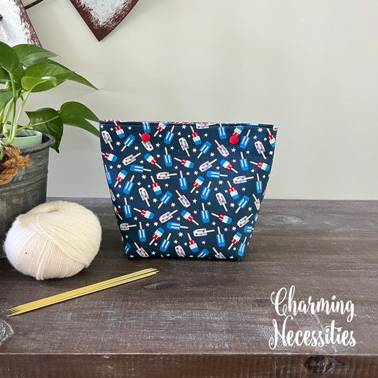 Small Snap Project Bag,  Patriotic Popsicles Crochet Sewing Pouch, Gifts for Knitters Crocheters