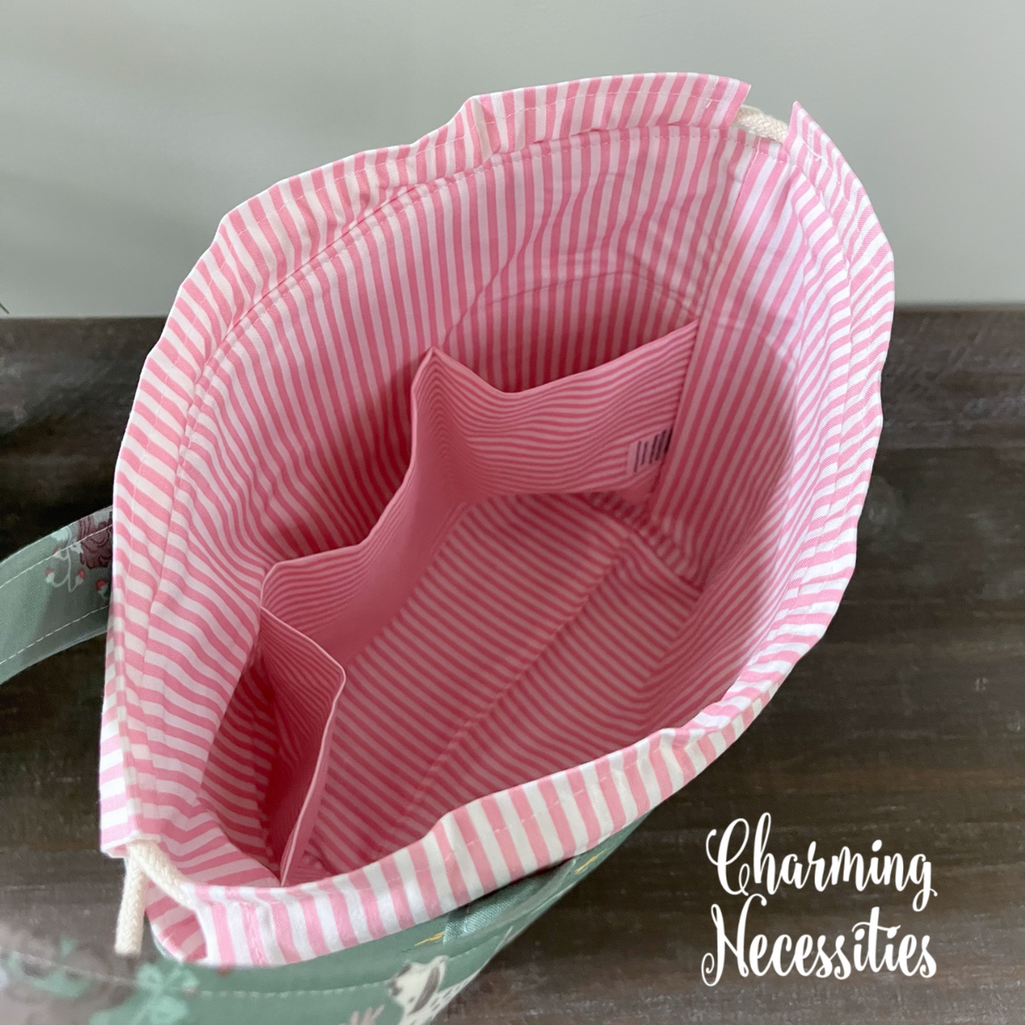Knitting Project Bag, Dogs on Green Drawstring Tote