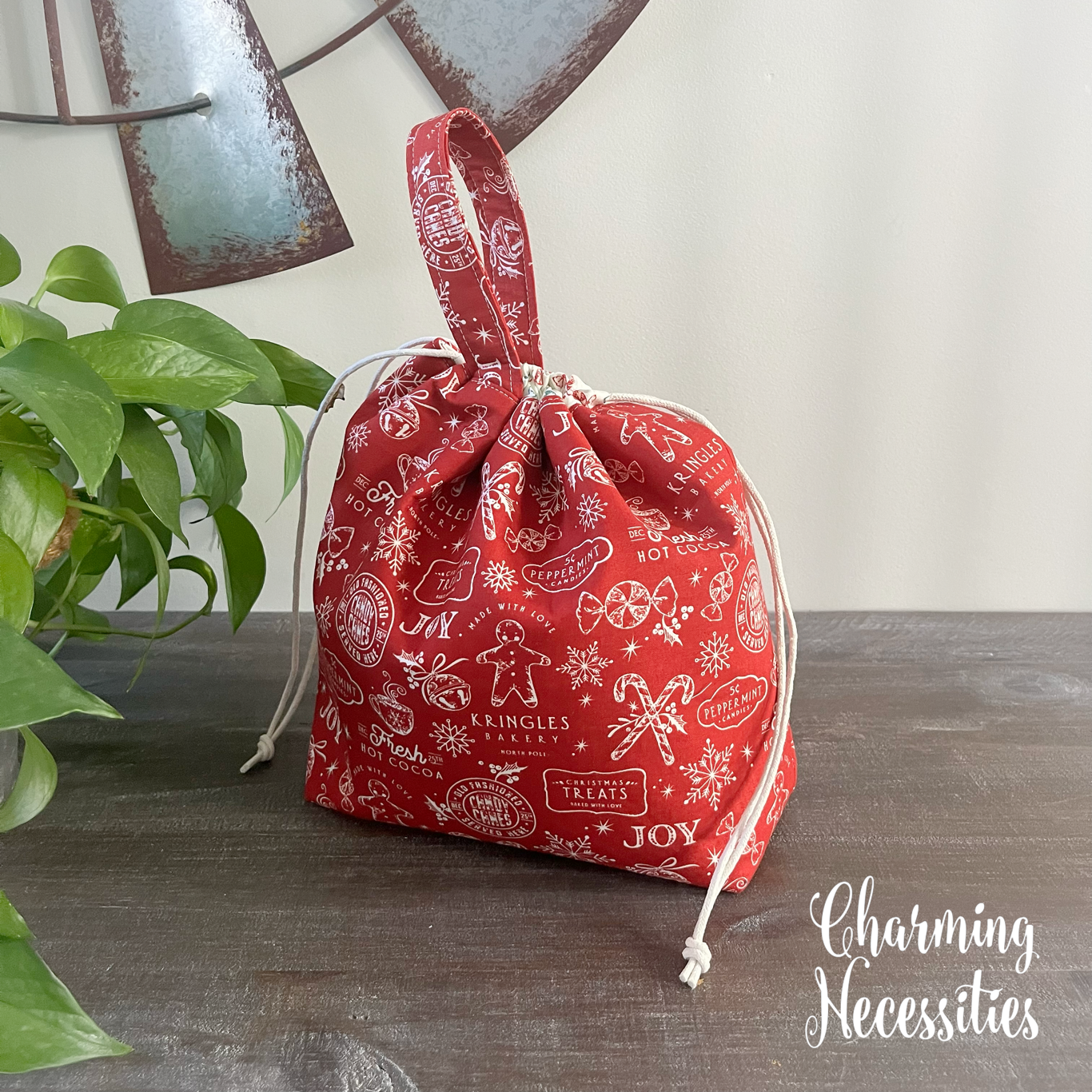 Knitting Project Bag, Christmas Bakery Drawstring Tote