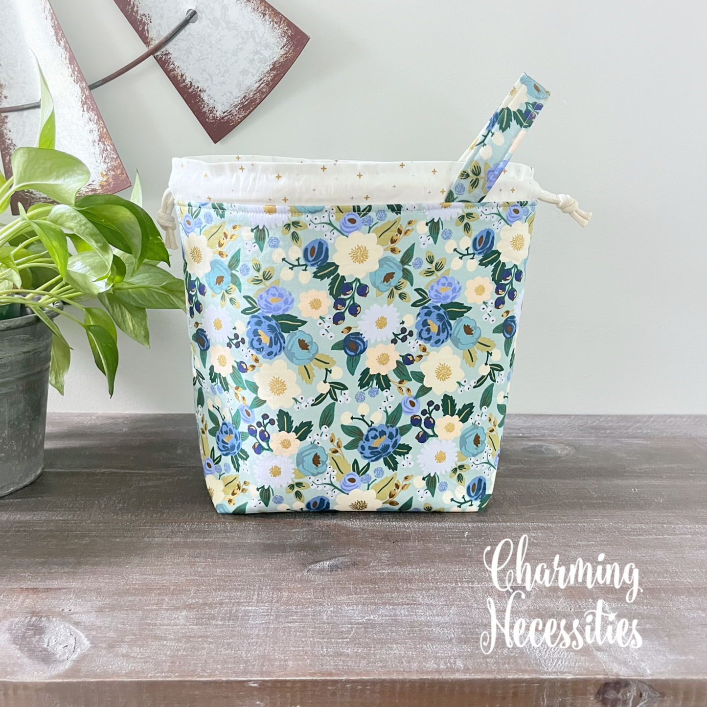 Knitting Project Bag, Rifle Paper Co Vintage Blossoms Mint Drawstring Tote