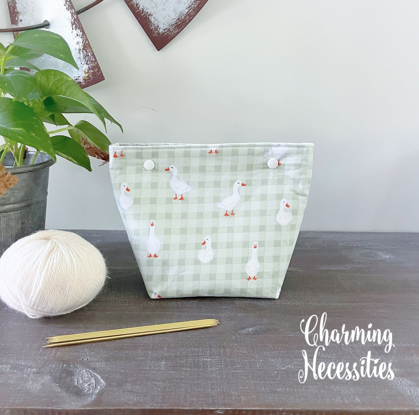 Small Snap Project Bag, Ducks and Gingham, Crochet Sewing Pouch, Gifts for Knitters Crocheters