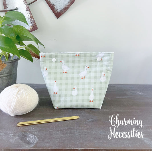 Small Snap Project Bag, Ducks and Gingham, Crochet Sewing Pouch, Gifts for Knitters Crocheters